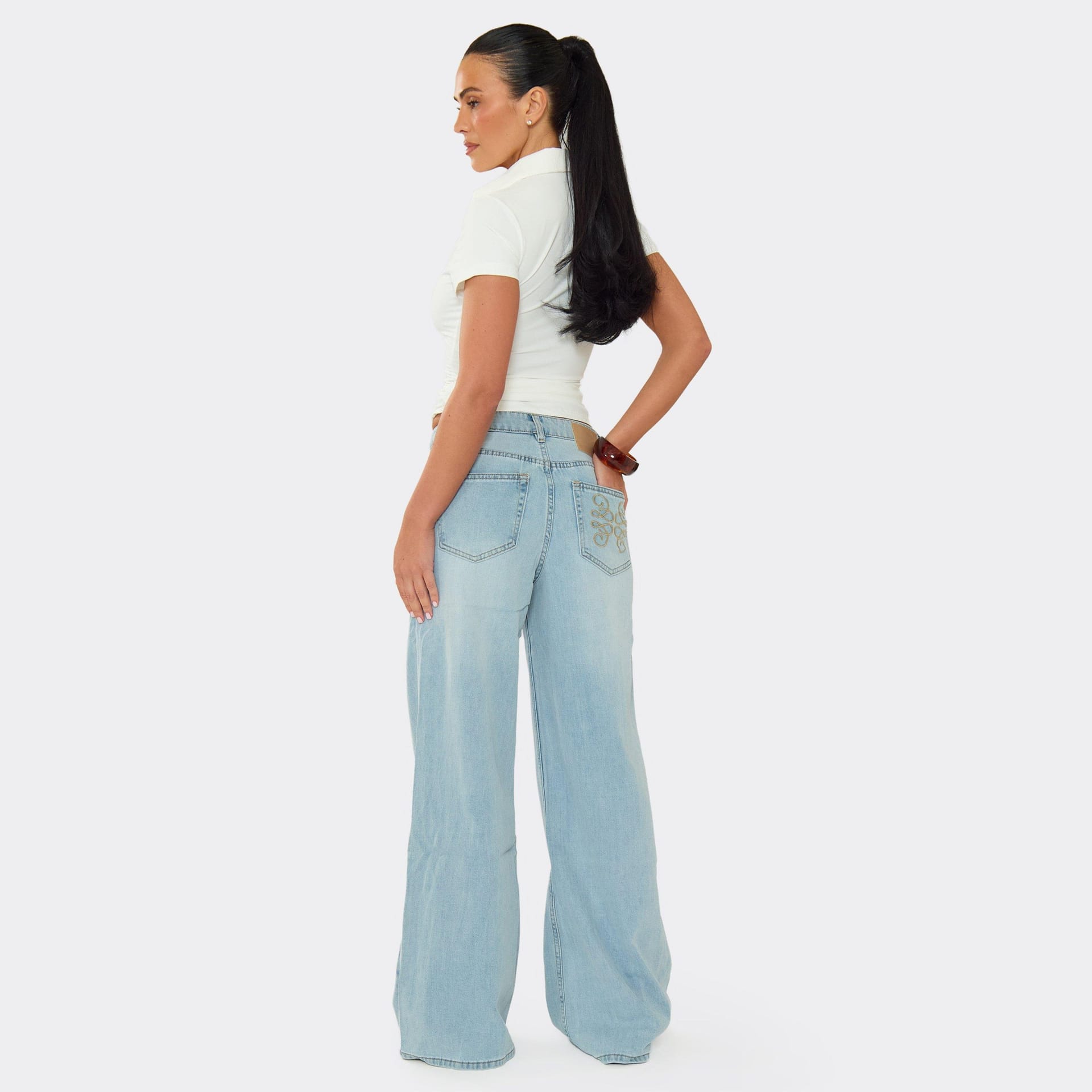 EGO Light Blue Denim Straight Leg Jeans with Embroidered Pockets