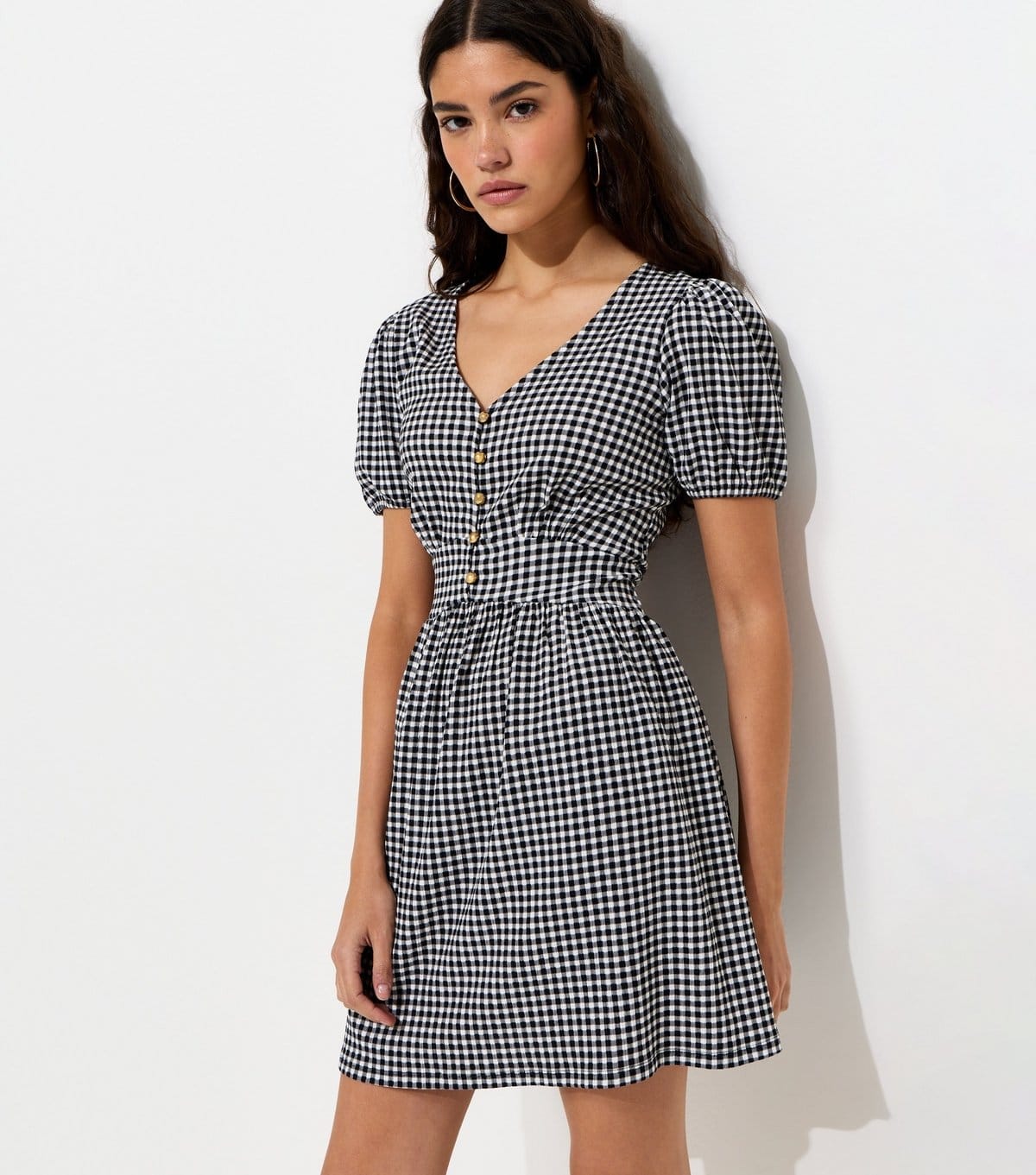 New Look Black Gingham Button Front Mini Dress