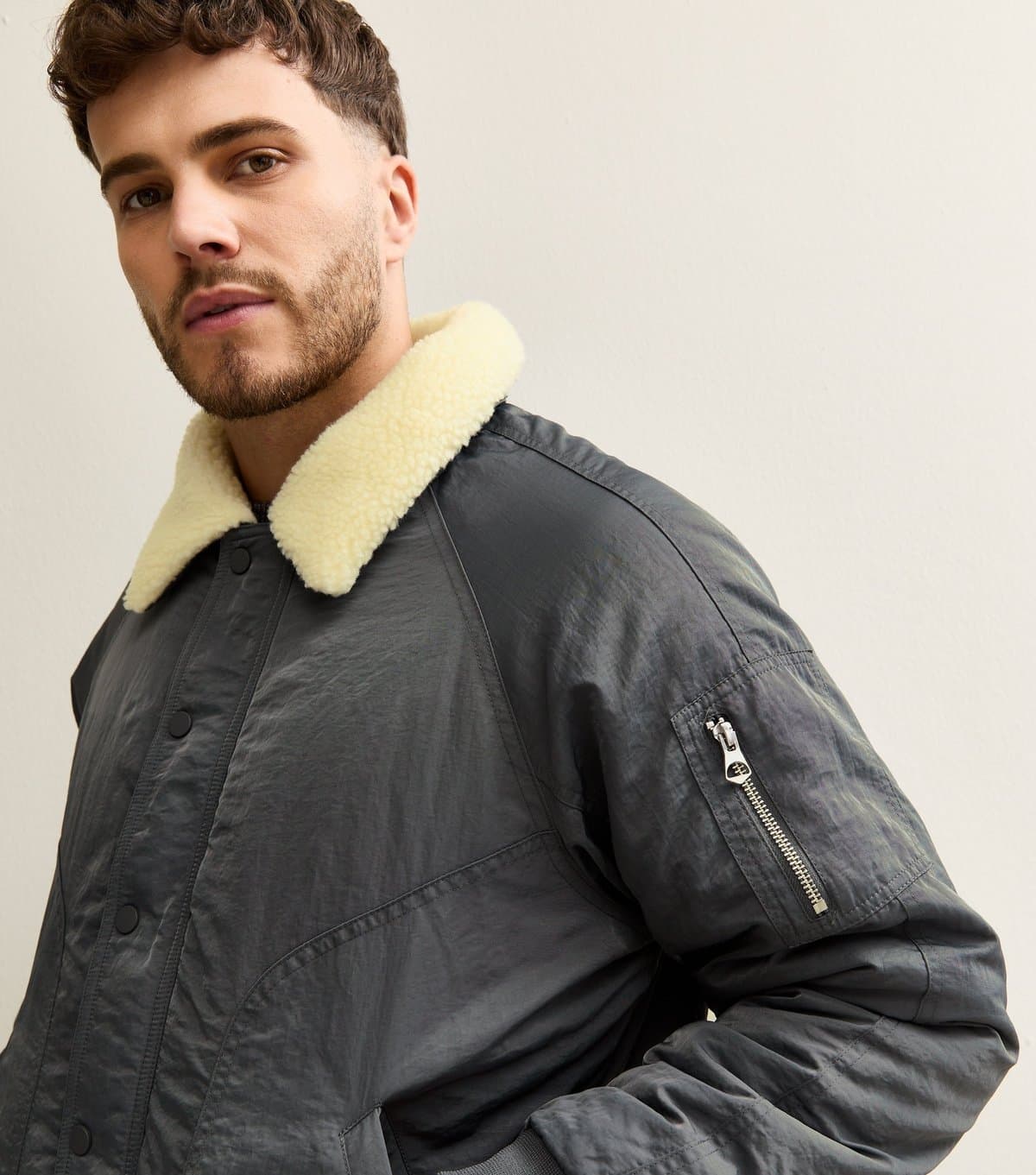 New Look Men's Grey Regular Fit Borg Collar Bomber Jacket New Look