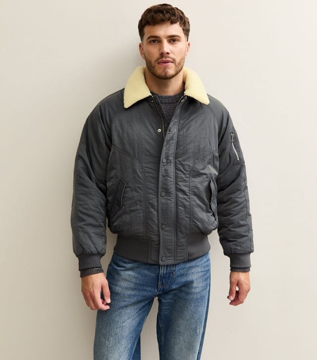 New Look Men's Grey Regular Fit Borg Collar Bomber Jacket New Look - 2