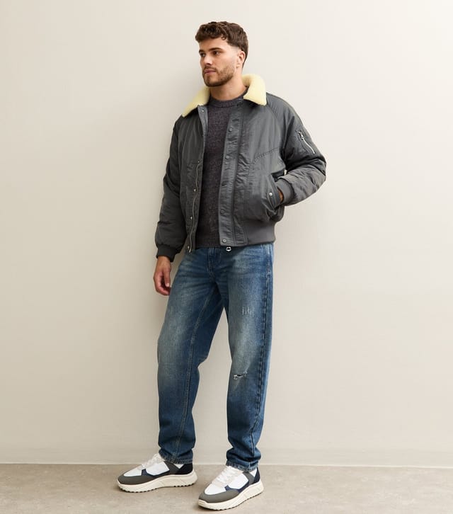 New Look Men's Grey Regular Fit Borg Collar Bomber Jacket New Look - 3