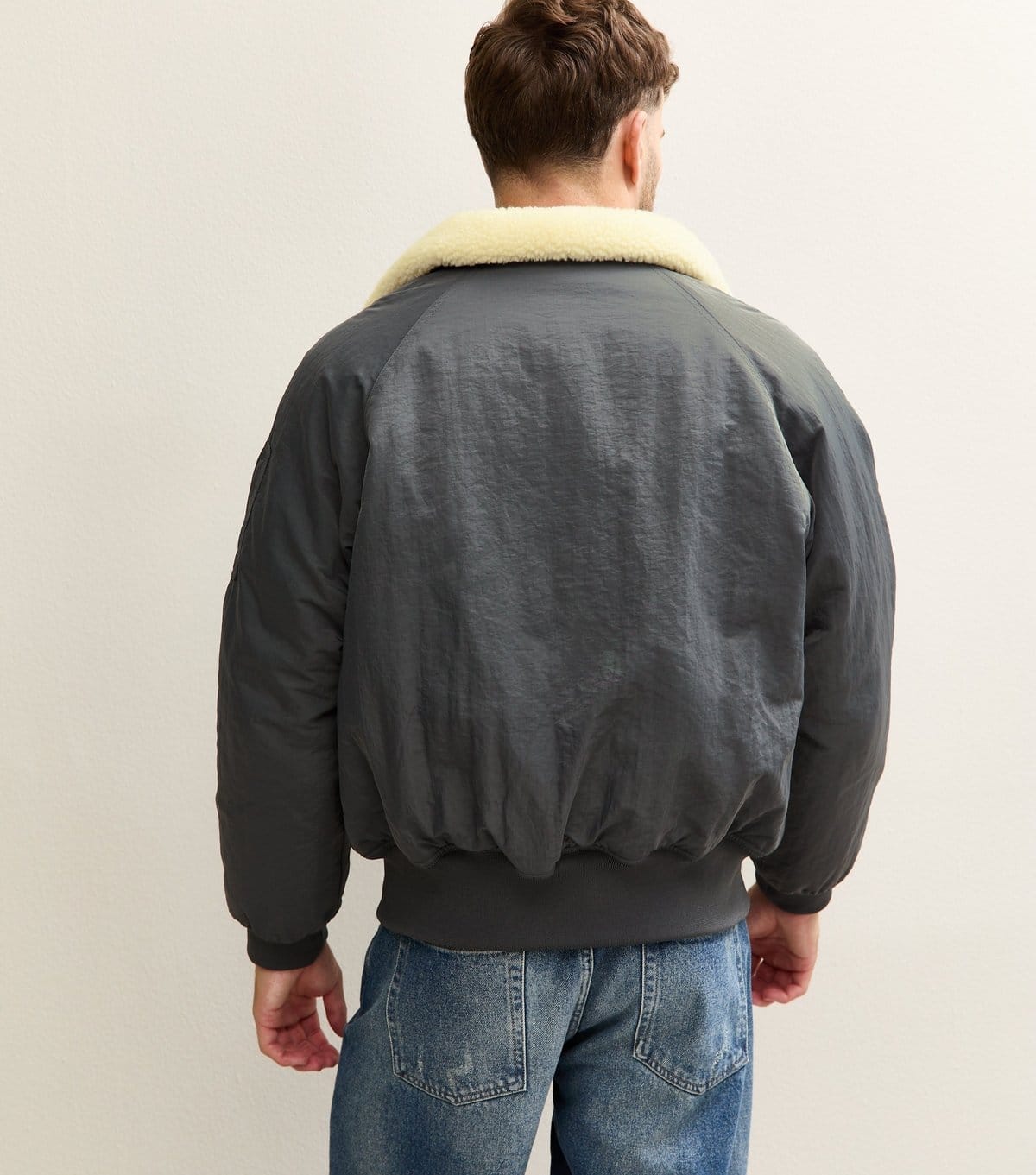New Look Men's Grey Regular Fit Borg Collar Bomber Jacket New Look - 4