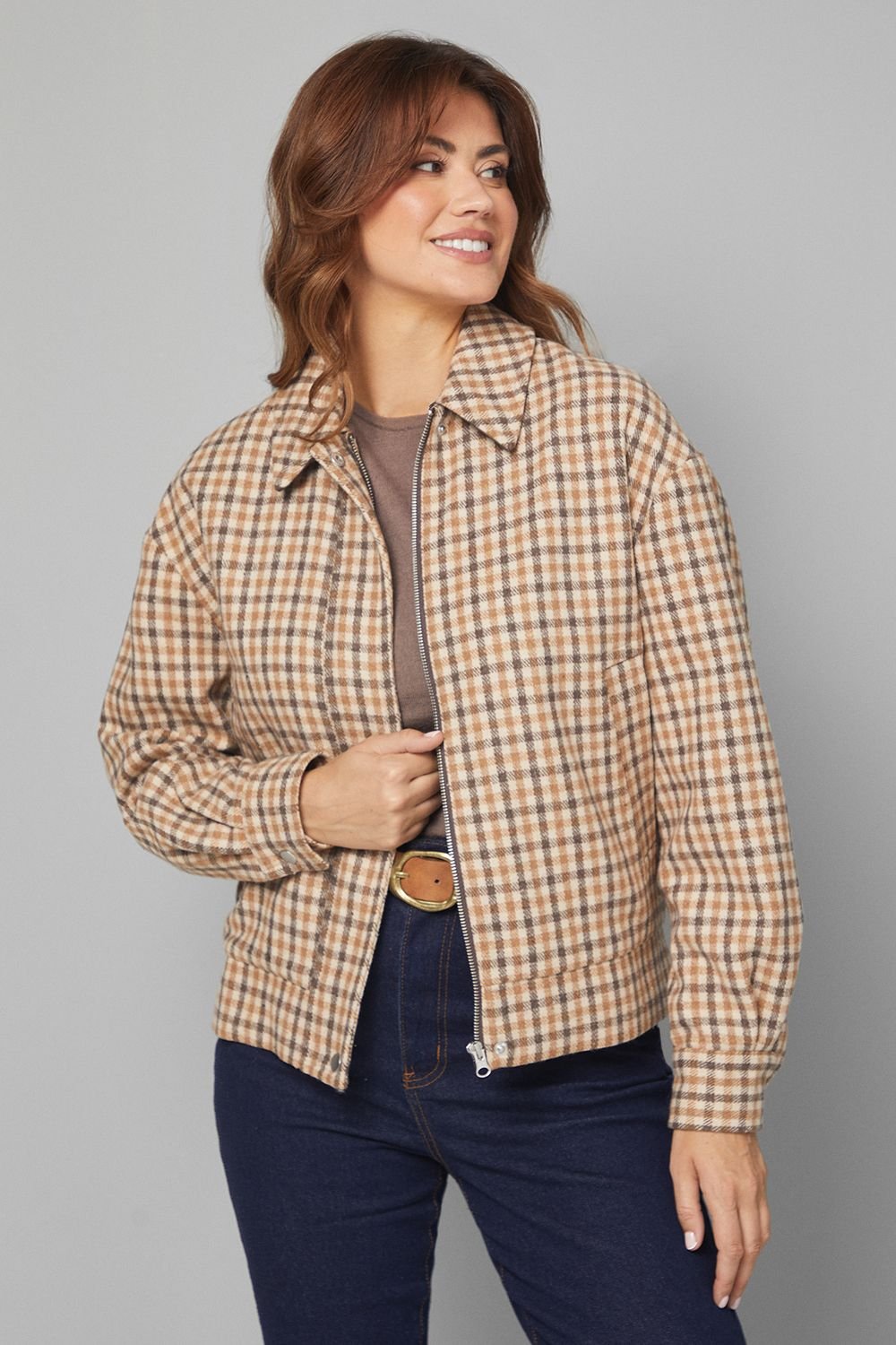 Wallis Wallis Women's Check Zip Through Bomber Jacket in Brown - 2