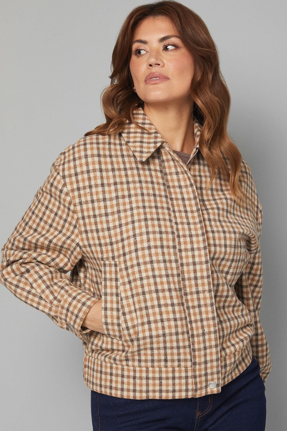 Wallis Wallis Women's Check Zip Through Bomber Jacket in Brown - 3