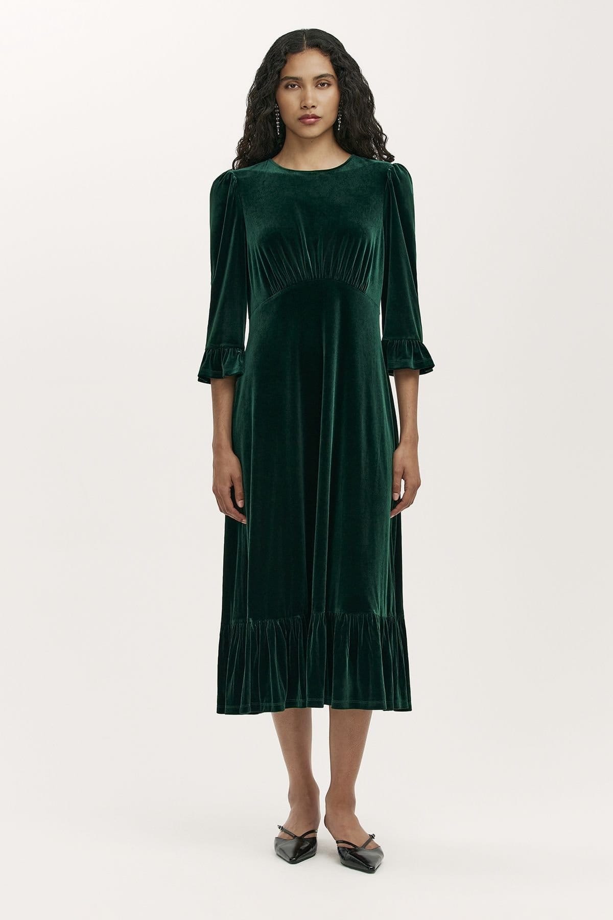Finery London Dark Green Velvet Empire Waist Midi Dress