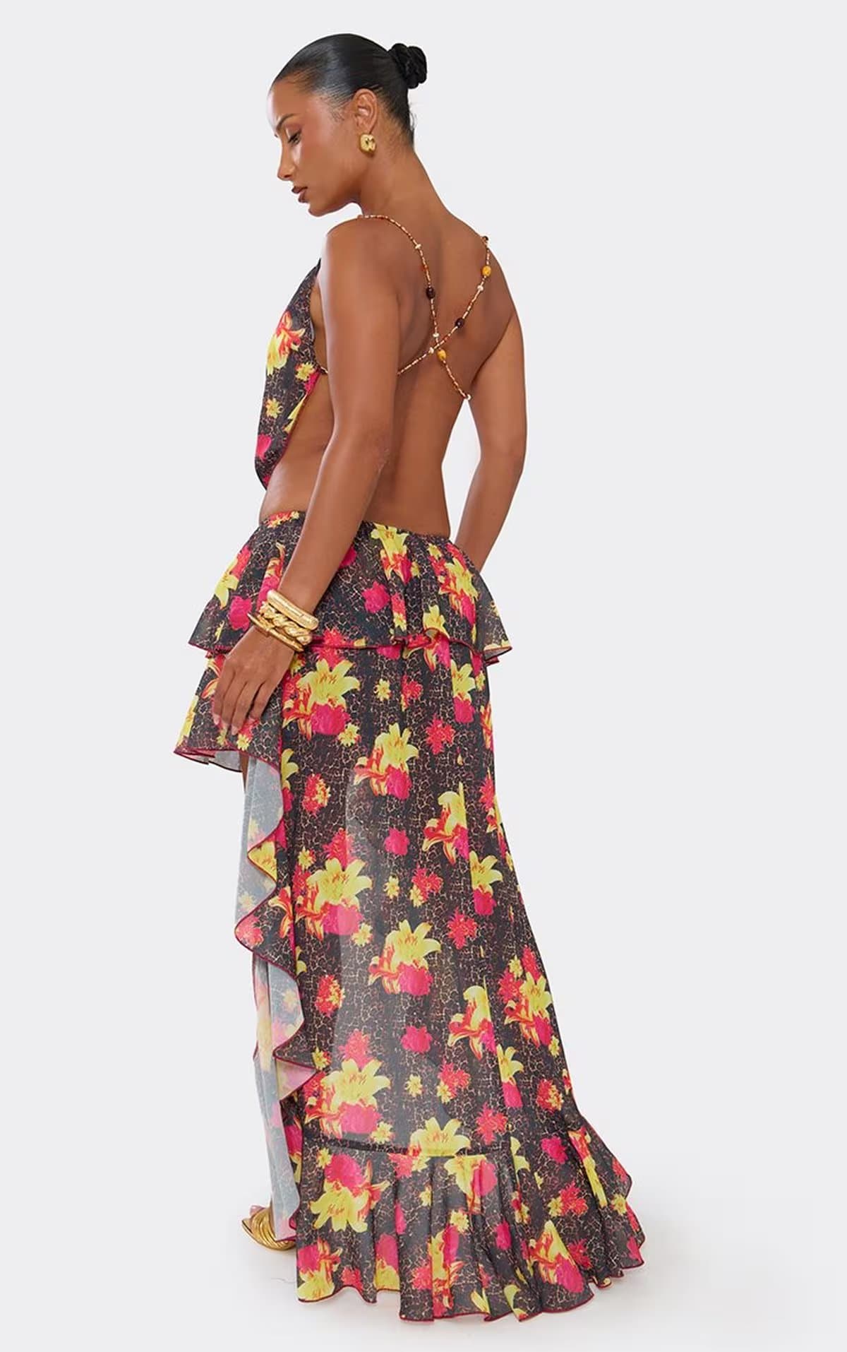 EGO Layered Frill Asymmetric Skirt In Multi Floral Animal Print, Women's Size UK 6