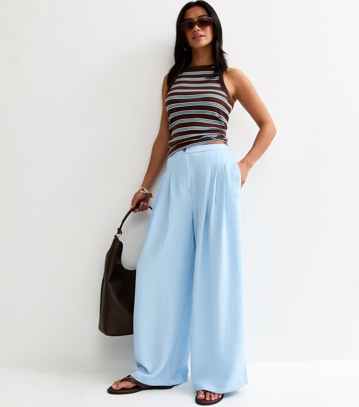 New Look Women's Petite Light Blue Pleated Wide Leg Trousers New Look