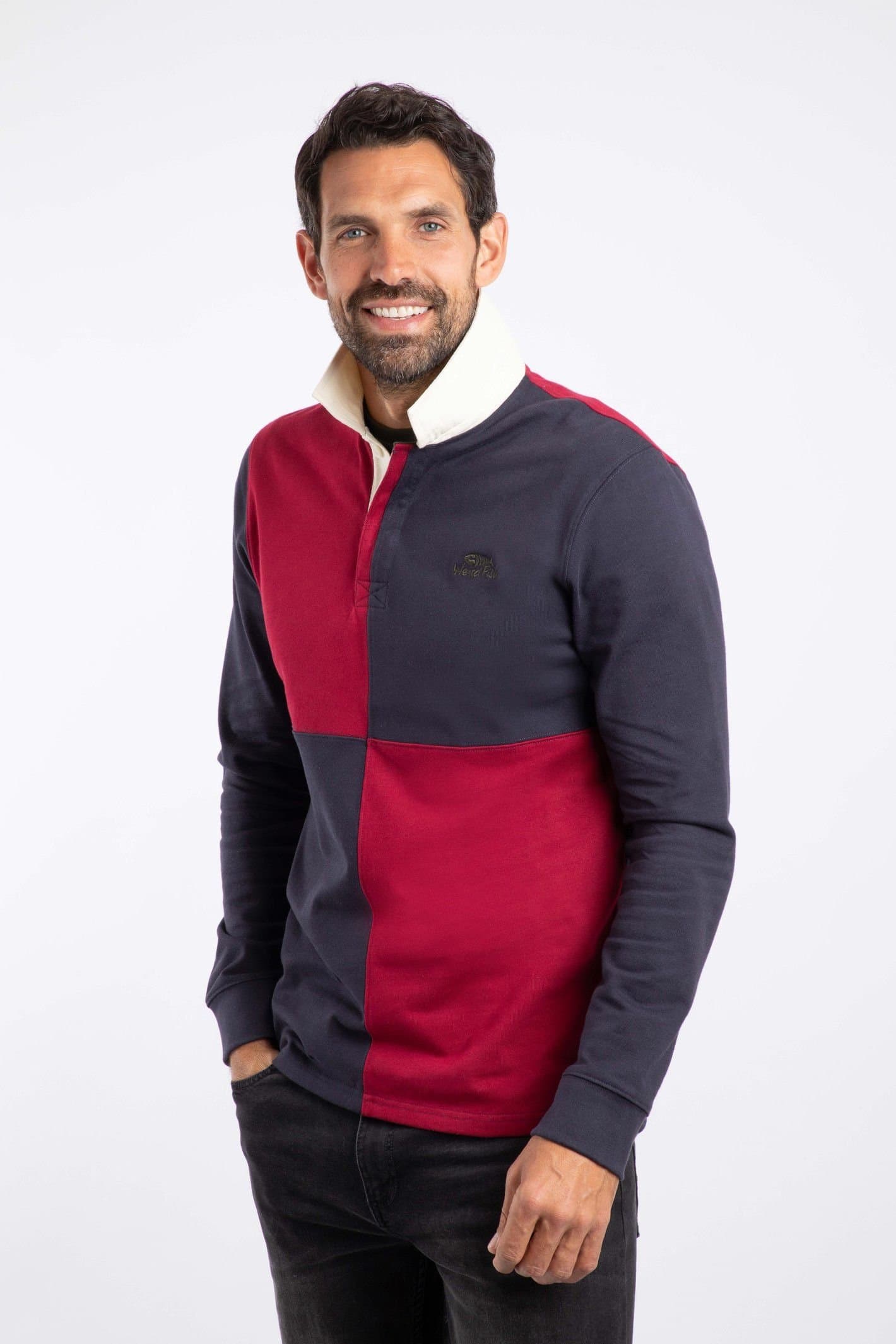 Weird Fish Weird Fish Men's Lyon Cotton Colour Block Rugby Shirt in Red