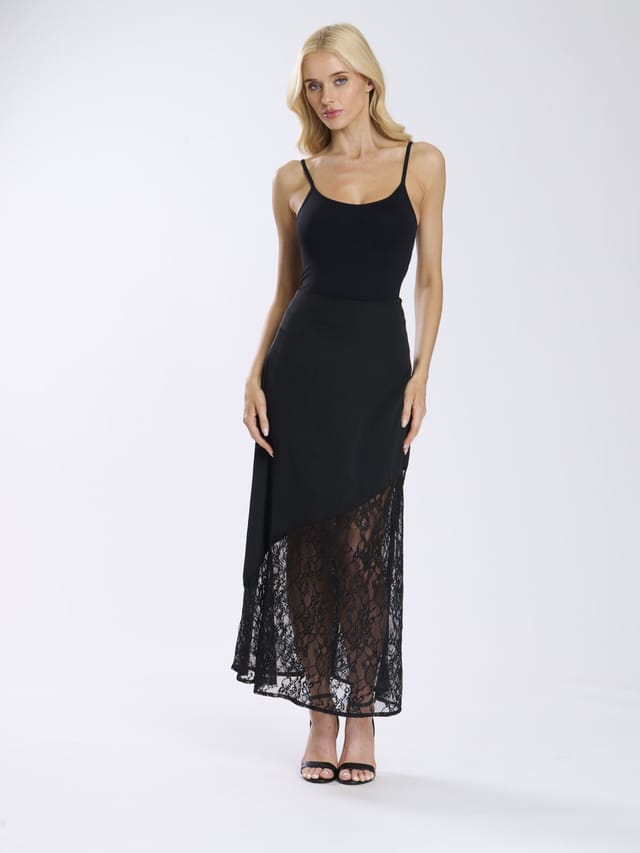 Finding Friday Finding Friday Women's Satin Midi Skirt With Lace Insert in Black - 2