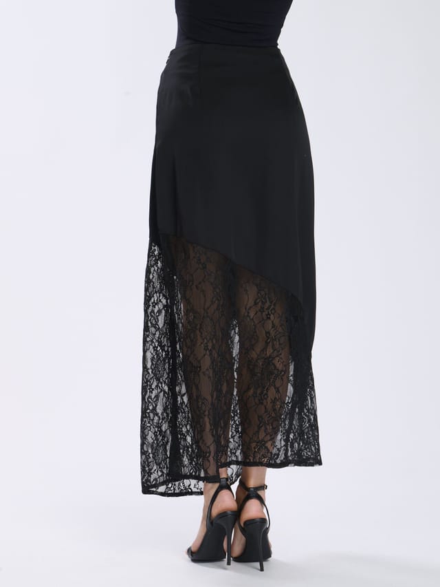 Finding Friday Finding Friday Women's Satin Midi Skirt With Lace Insert in Black - 3