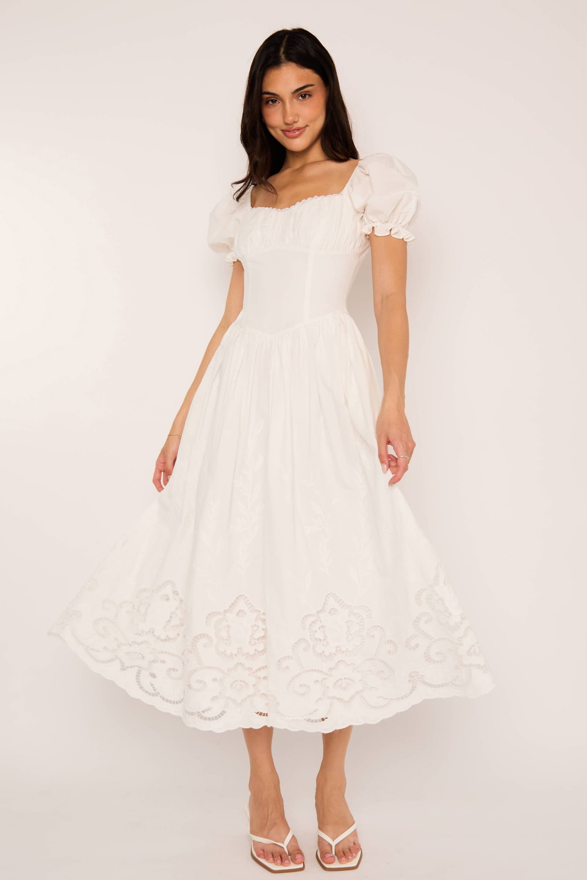 Jaded Rose Jaded Rose Women's Daphne White Cotton Puff Sleeve Embroidered Midi Dress