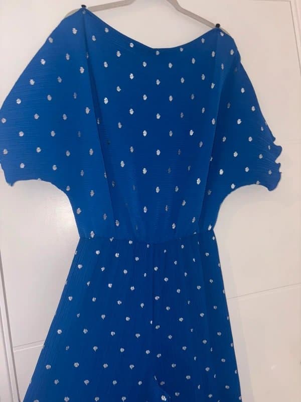 Never Fully Dressed NFD blue Silver Polka Dot Plisse Tilly jumpsuit Size S midaxi Dress Summer party off shoulder
