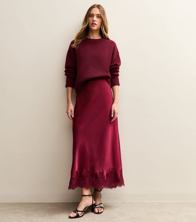 Gini London Women's Light Burgundy Contrast Lace Trim Satin Midaxi Skirt Gini London New Look - 3