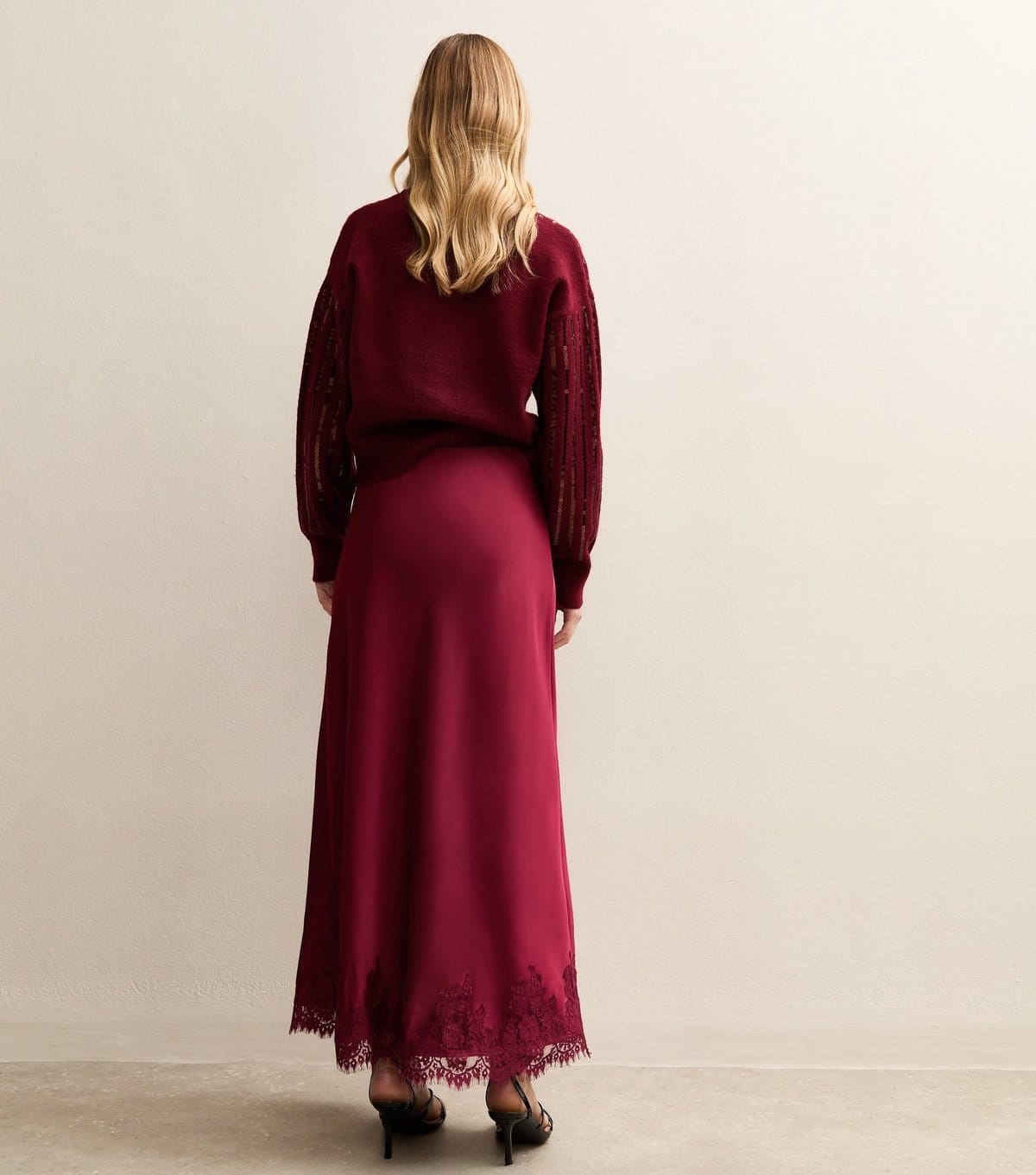 Gini London Women's Light Burgundy Contrast Lace Trim Satin Midaxi Skirt Gini London New Look - 4