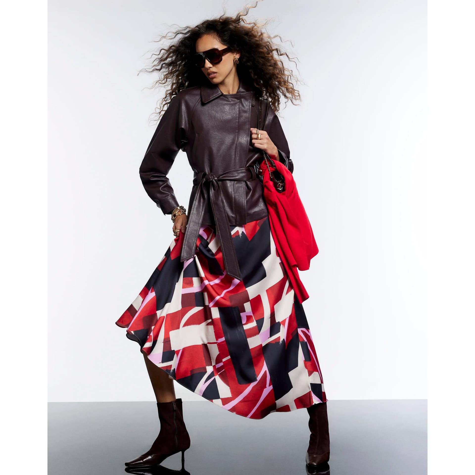 River Island River Island Womens Red Satin Colour Block Asymmetric Midi Skirt