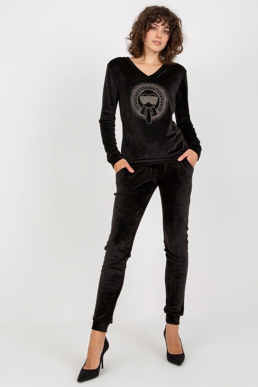 Love Lace Love Lace Women's Velour Heart Neck Blouse & Tie Waist Pants in Black