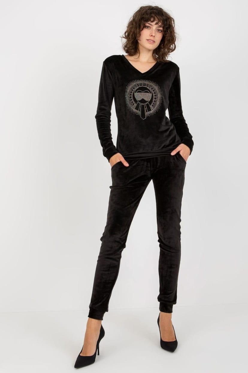 Love Lace Love Lace Women's Velour Heart Neck Blouse & Tie Waist Pants in Black - 1