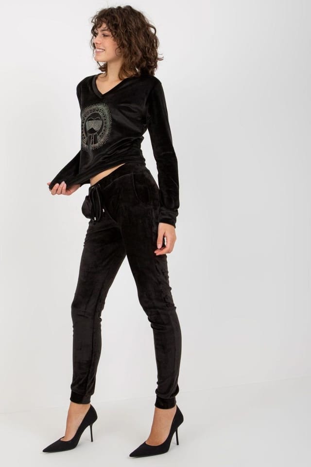 Love Lace Love Lace Women's Velour Heart Neck Blouse & Tie Waist Pants in Black - 3