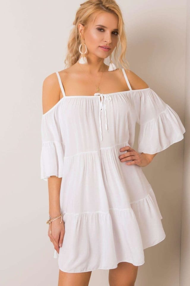 Love Lace Love Lace Women's Summer Asymmetrical Frill Tie Neck Dress in White - 2