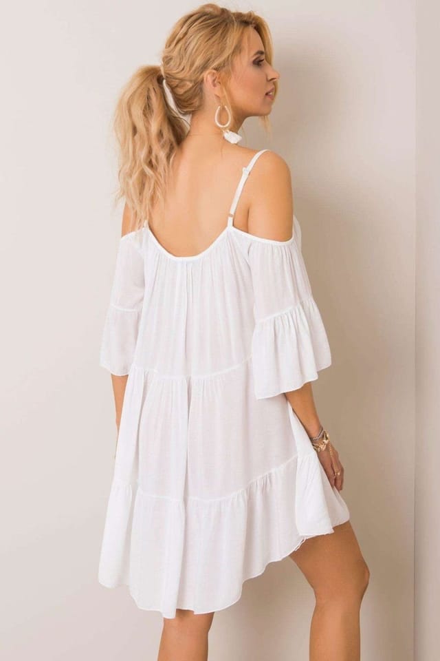 Love Lace Love Lace Women's Summer Asymmetrical Frill Tie Neck Dress in White - 3