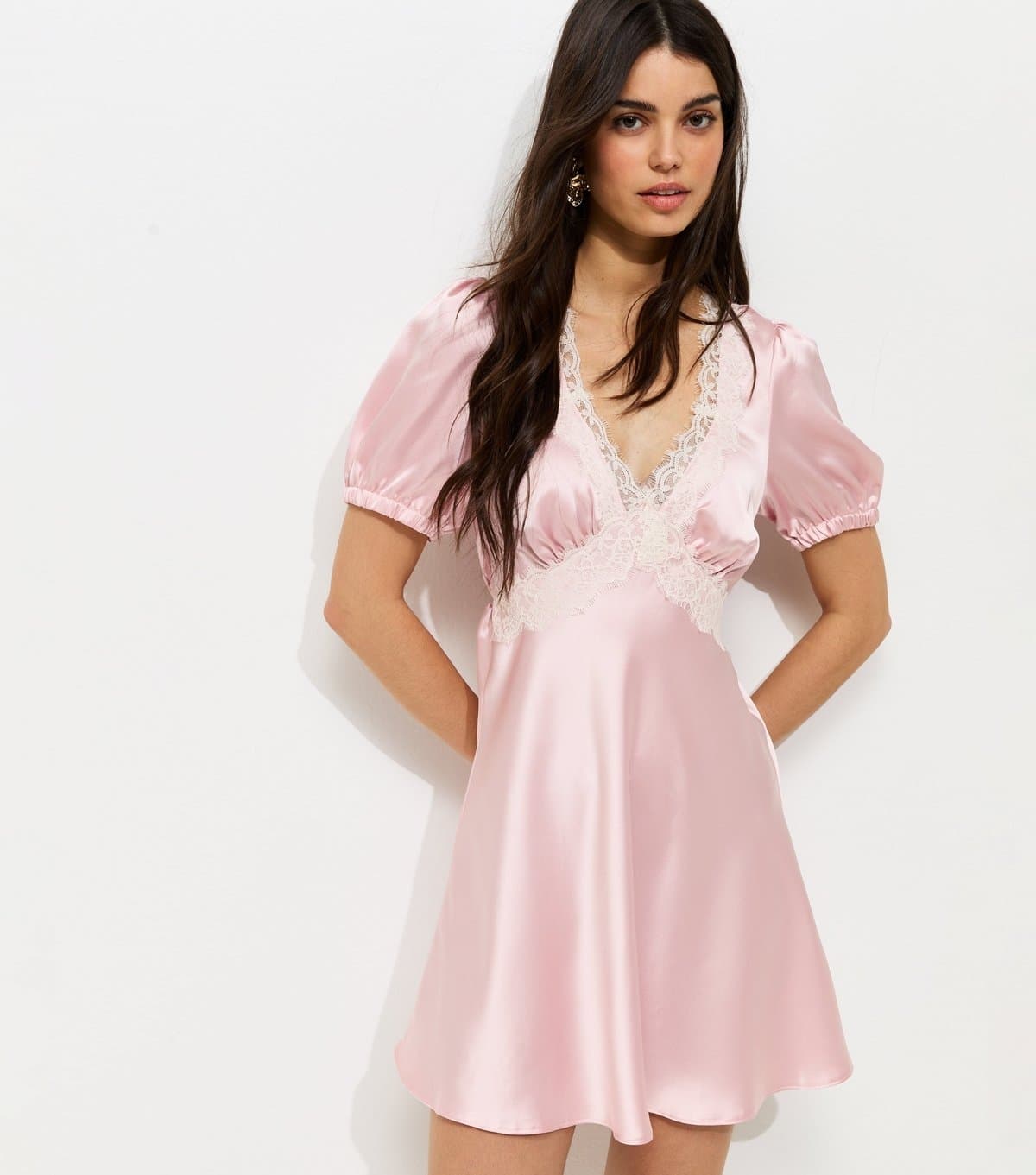 New Look Women's Light Pink Satin Lace Trim Mini Dress New Look