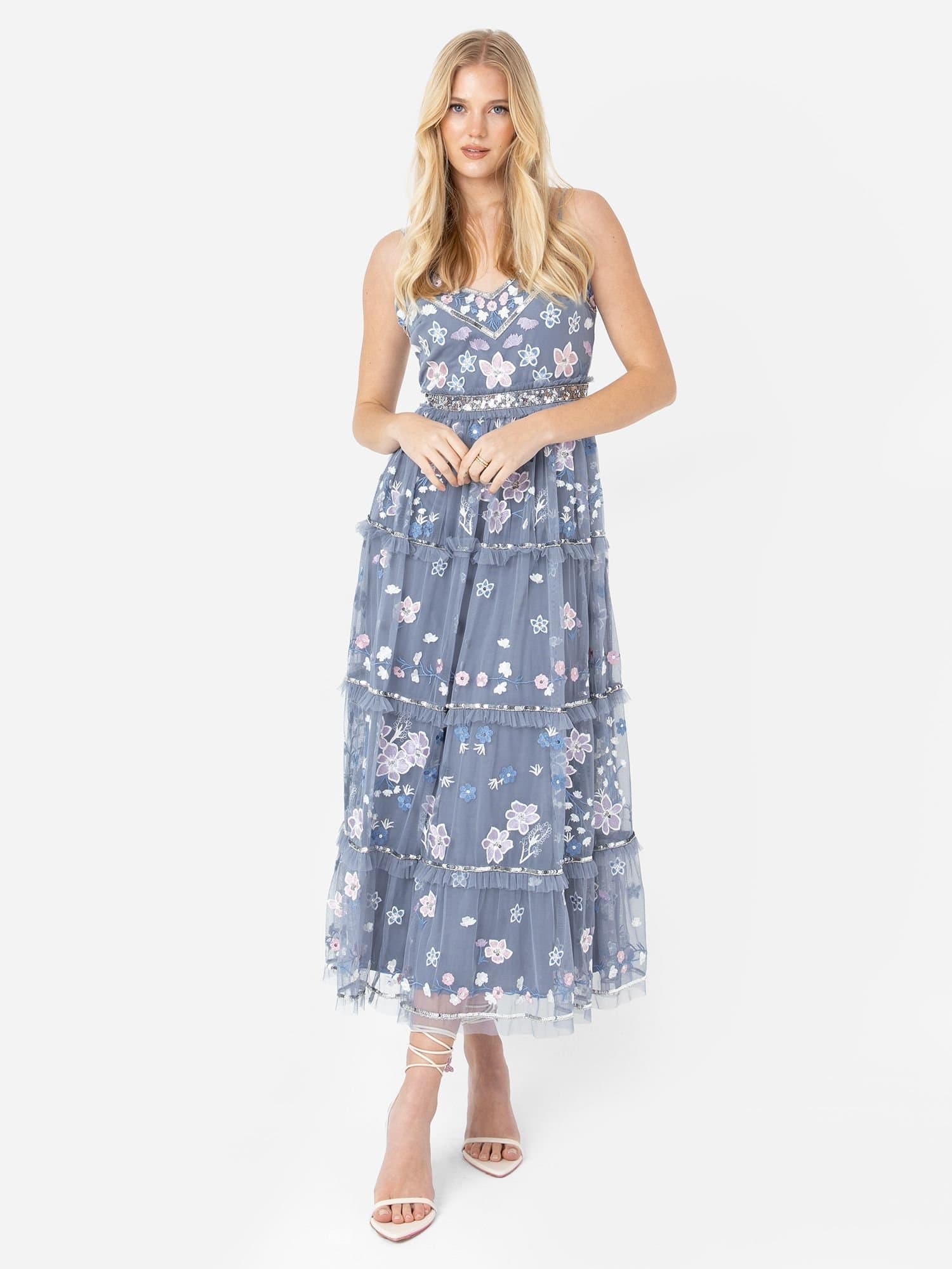 Maya Deluxe Maya Deluxe Women's Floral Embellished Cami Midi Dress in Blue