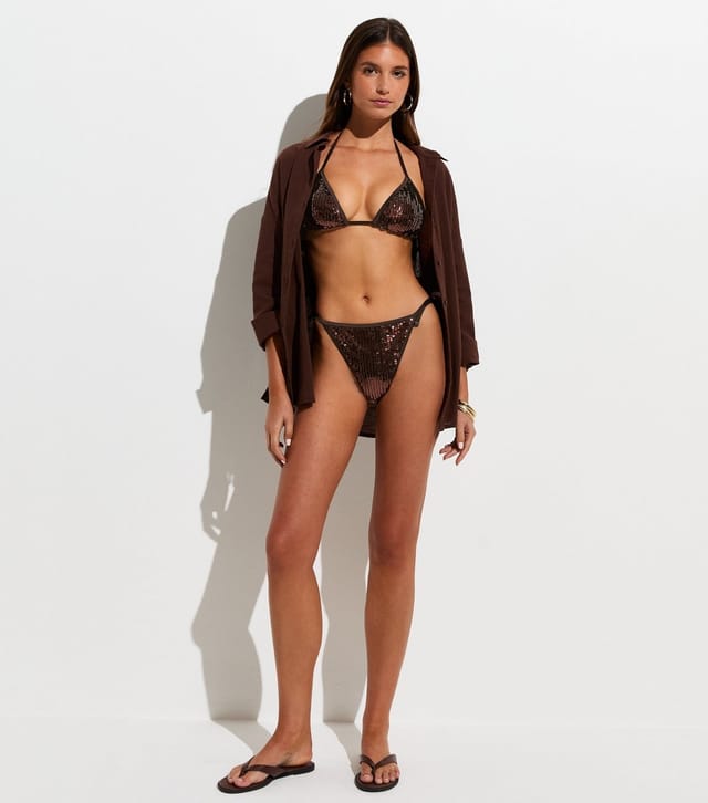 New Look Women's Dark Brown Sequin Embellished Tie Side Bikini Bottoms New Look - 2