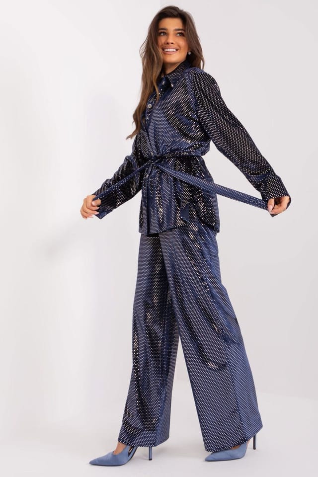 Love Lace Love Lace Women's Sequin Shirt & Straight Pants Set with Tie in Blue - 2