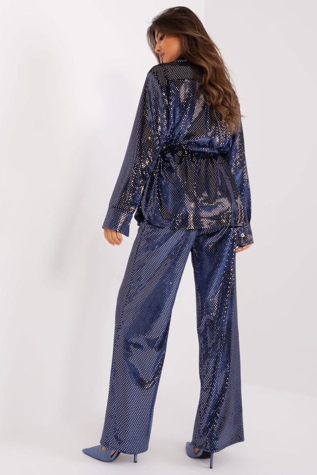 Love Lace Love Lace Women's Sequin Shirt & Straight Pants Set with Tie in Blue - 3