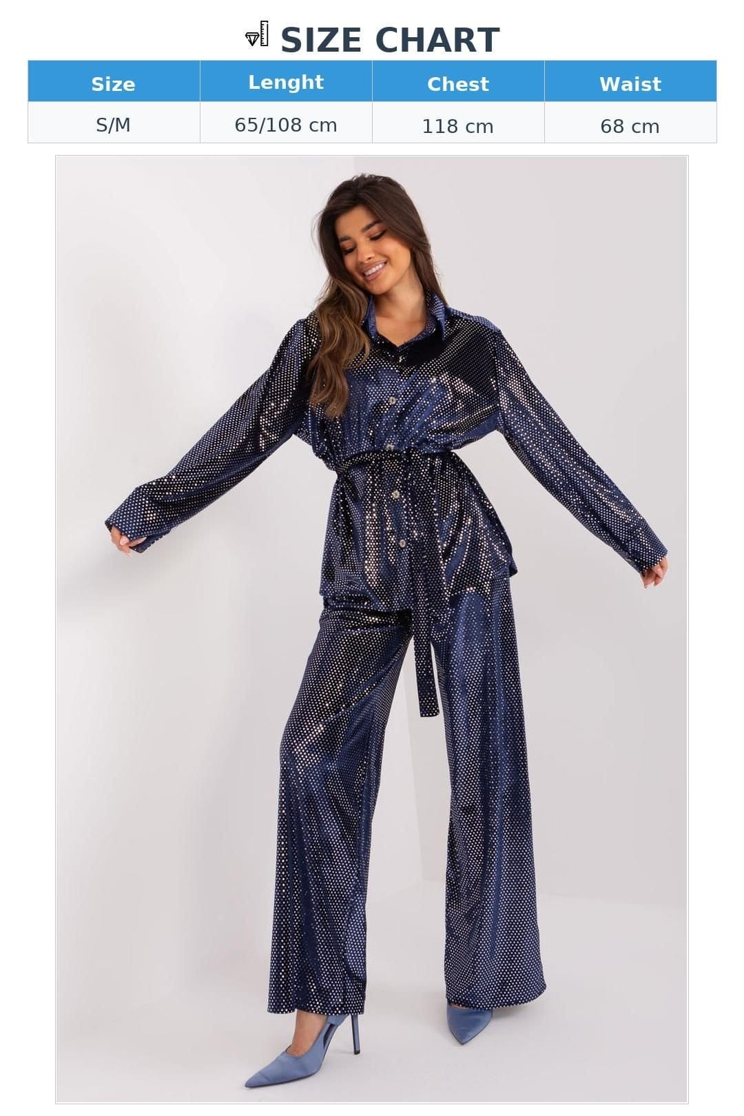 Love Lace Love Lace Women's Sequin Shirt & Straight Pants Set with Tie in Blue - 4
