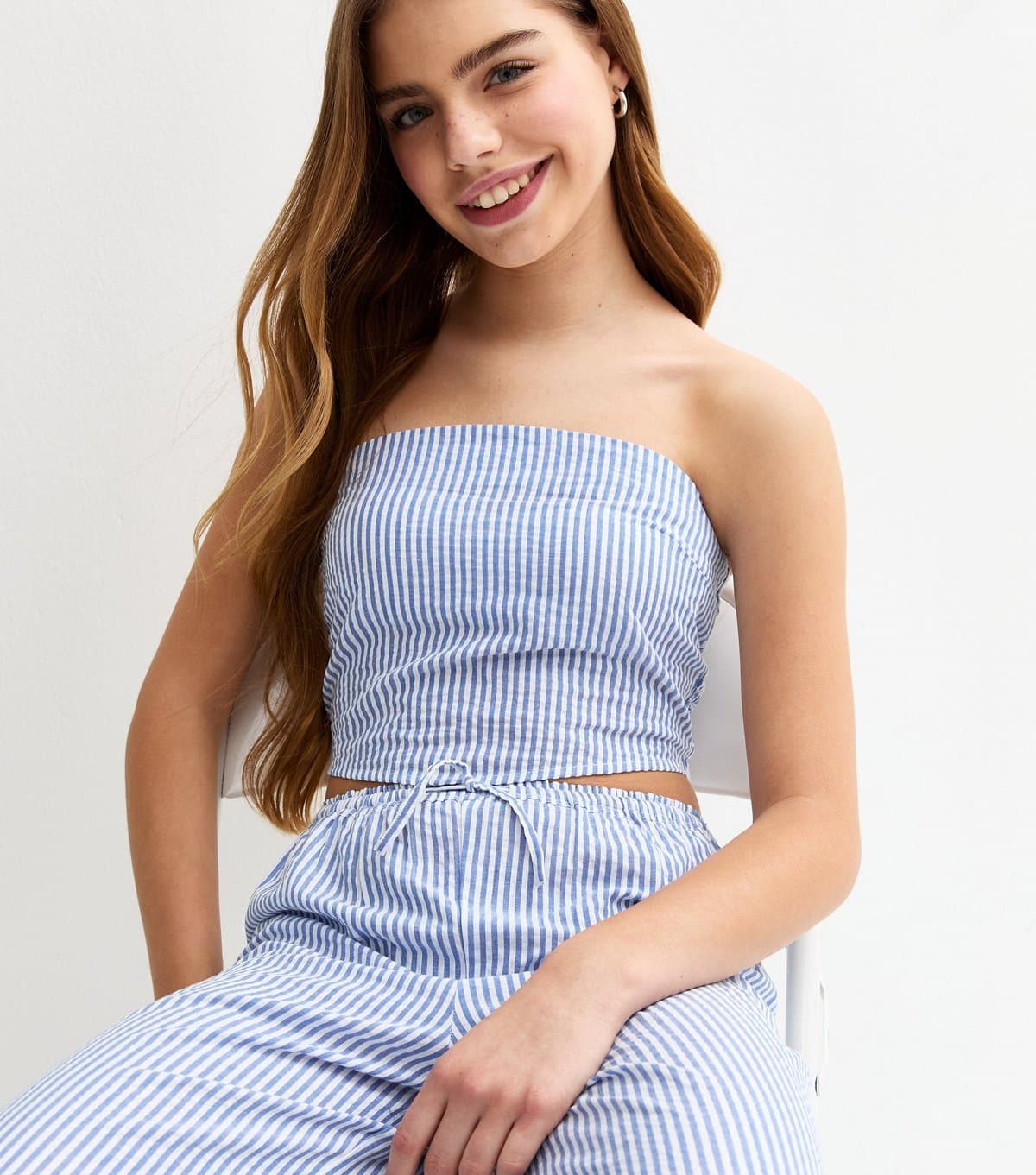 New Look Girls' Blue Striped Hanky Hem Bandeau Top New Look