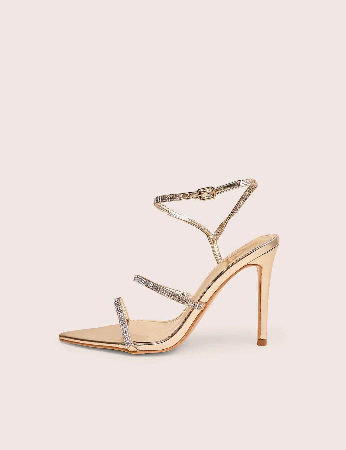 Public Desire Seductive Gold Mirror Pu Diamante Strap Pointed Toe Stiletto High Heels - 1