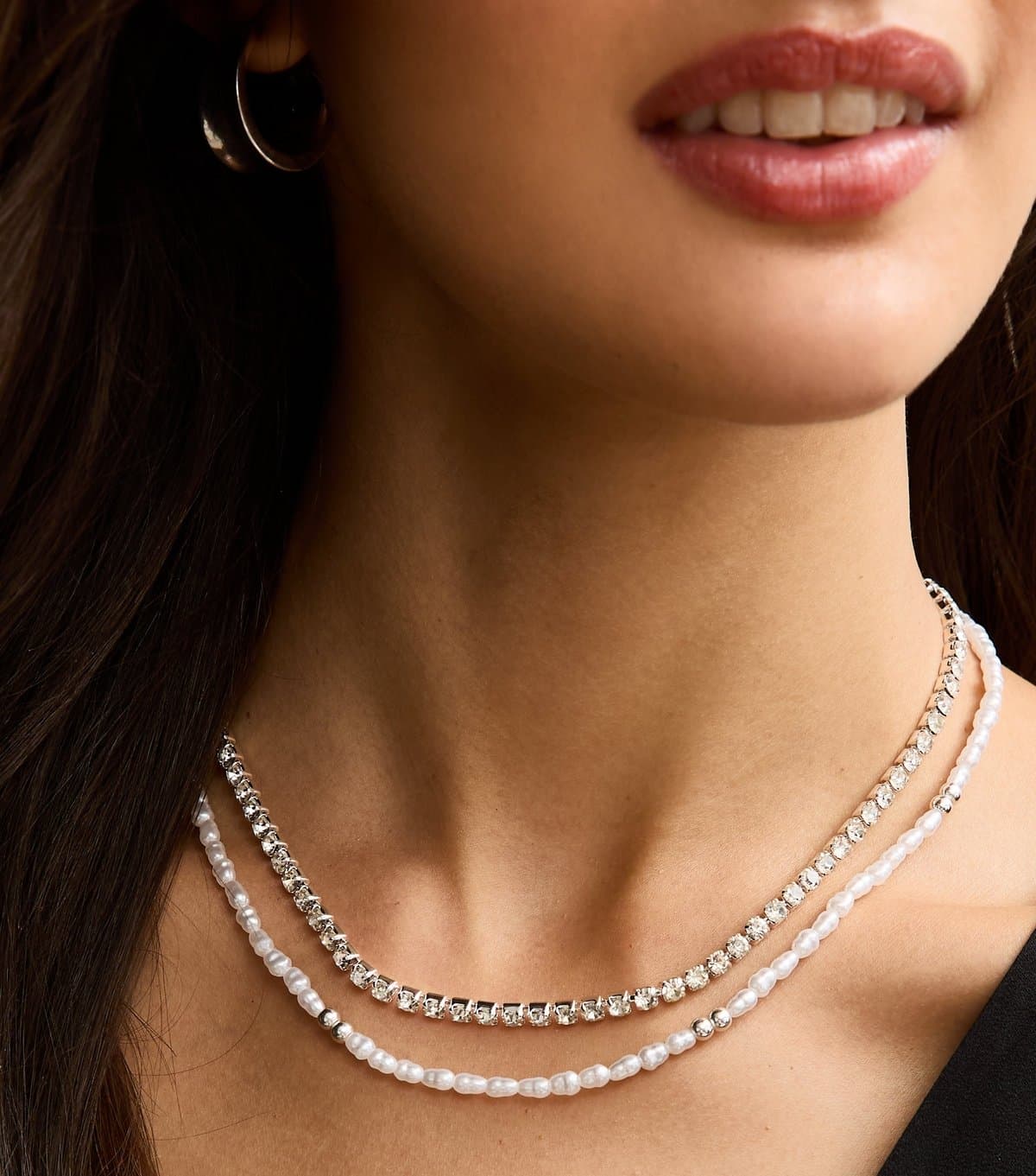 New Look Silver Tone Two Layer Diamanté and Faux Pearl Beaded Necklace New Look