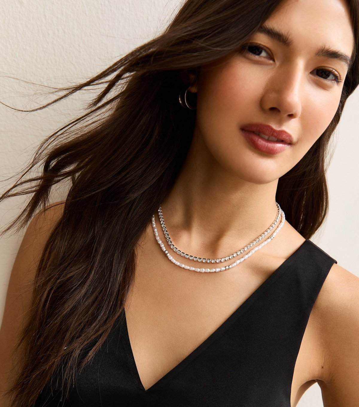 New Look Silver Tone Two Layer Diamanté and Faux Pearl Beaded Necklace New Look - 2