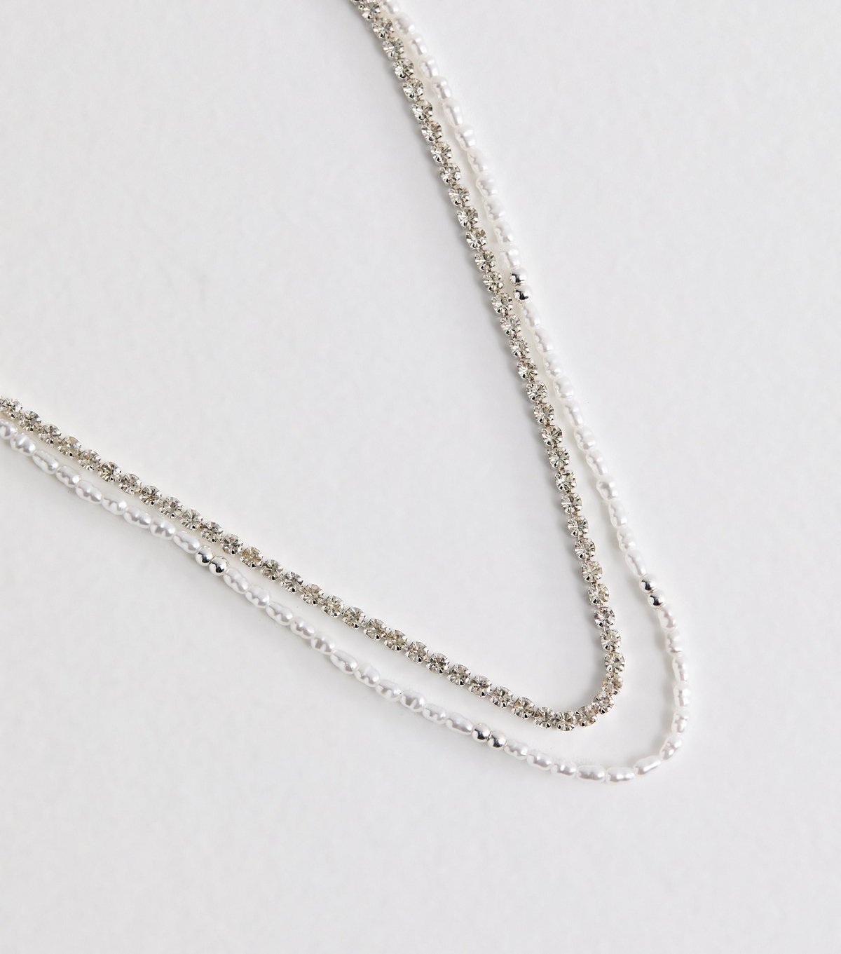 New Look Silver Tone Two Layer Diamanté and Faux Pearl Beaded Necklace New Look - 3