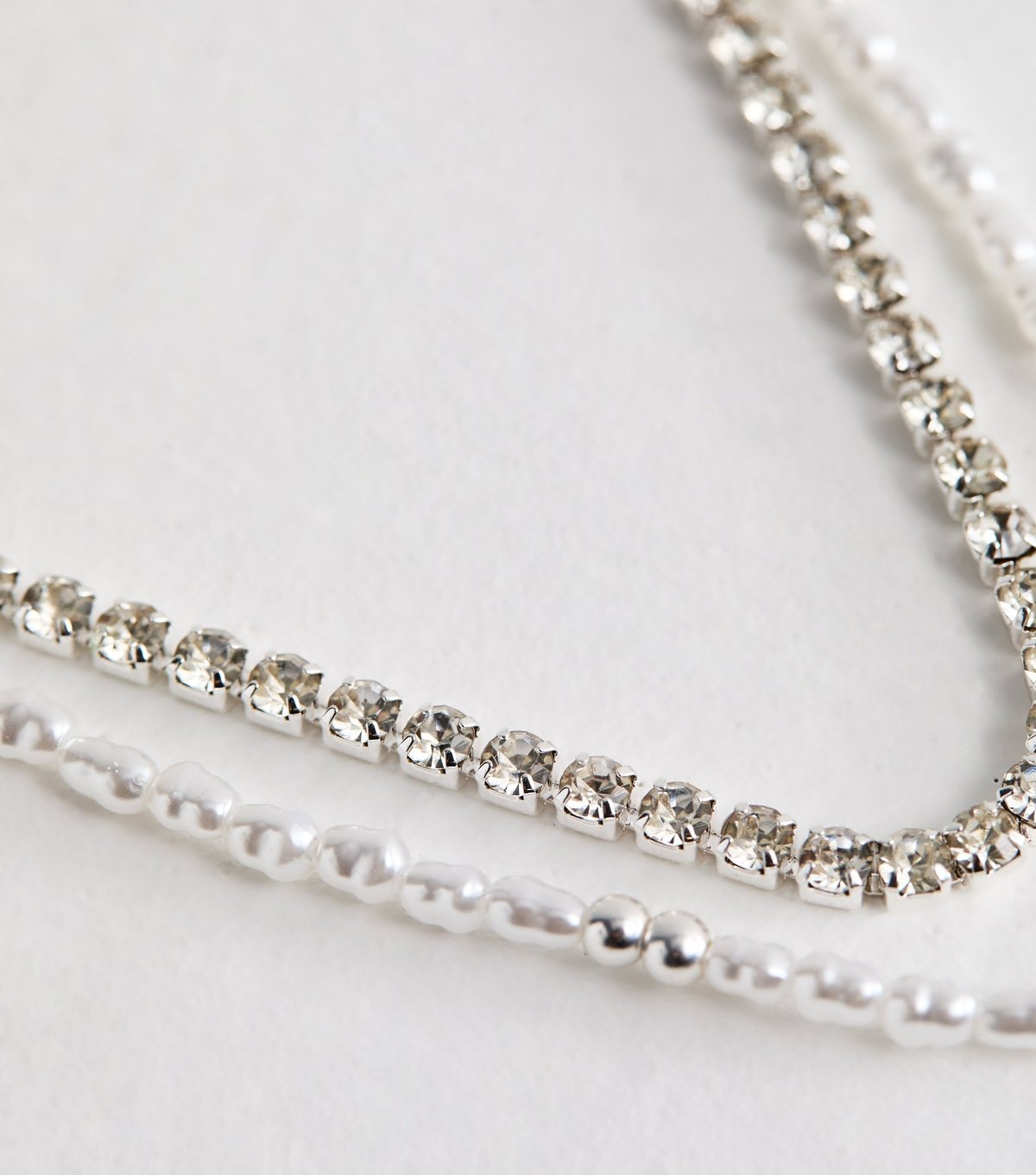 New Look Silver Tone Two Layer Diamanté and Faux Pearl Beaded Necklace New Look - 4