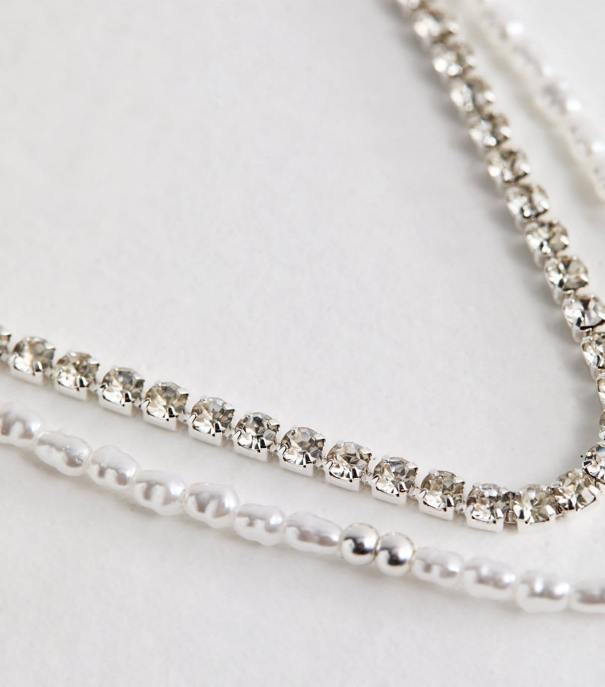 New Look Silver Tone Two Layer Diamanté and Faux Pearl Beaded Necklace New Look - 4