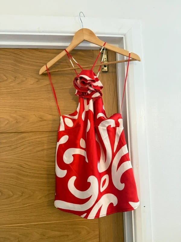 Mango Mango Red Cream Satin Rosh Rose Corsage Floral Applique Strappy Halterneck Abstract Swirl Print Top