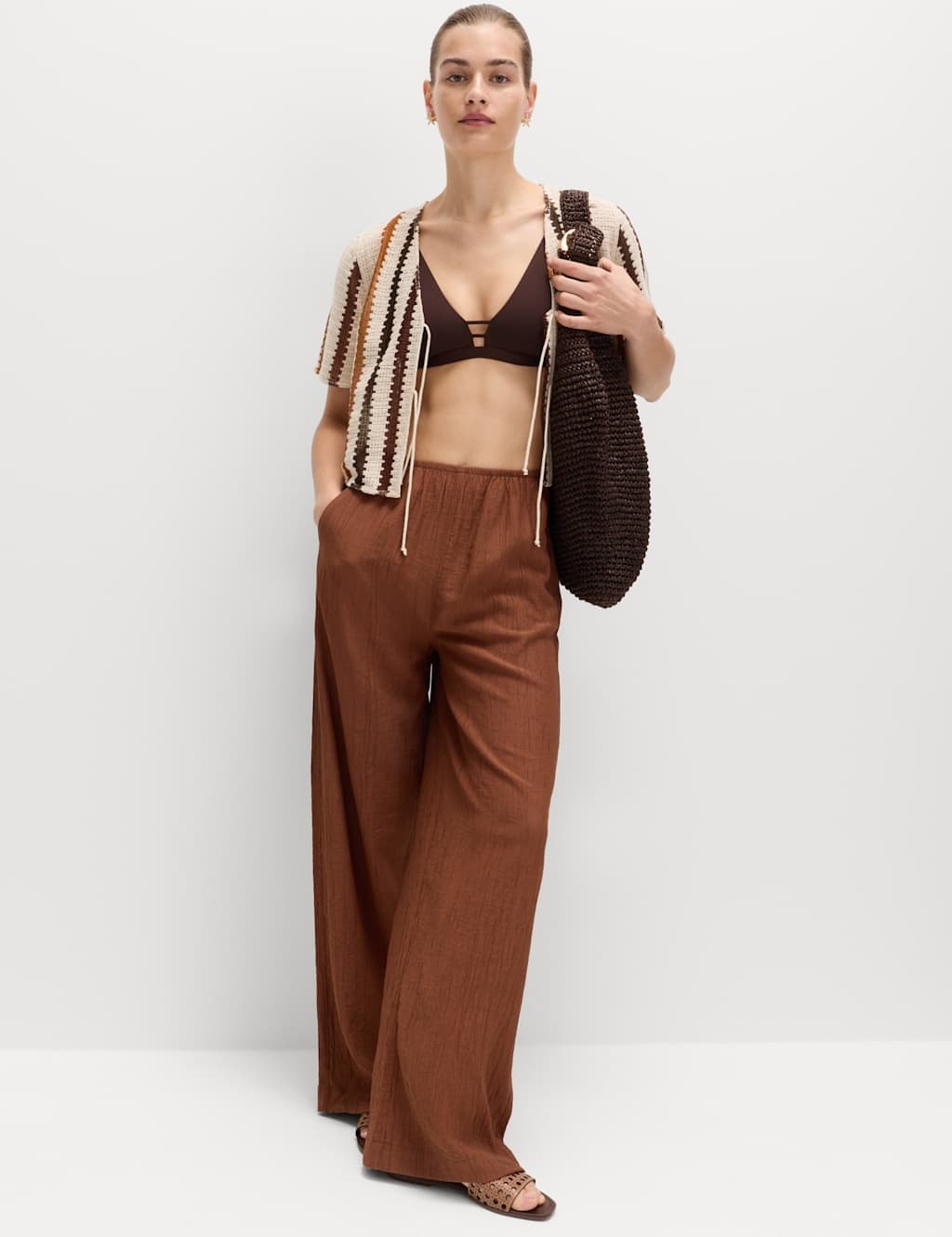 Marks & Spencer M&S Chestnut Crinkle Elasticated Waist Wide Leg Trousers
