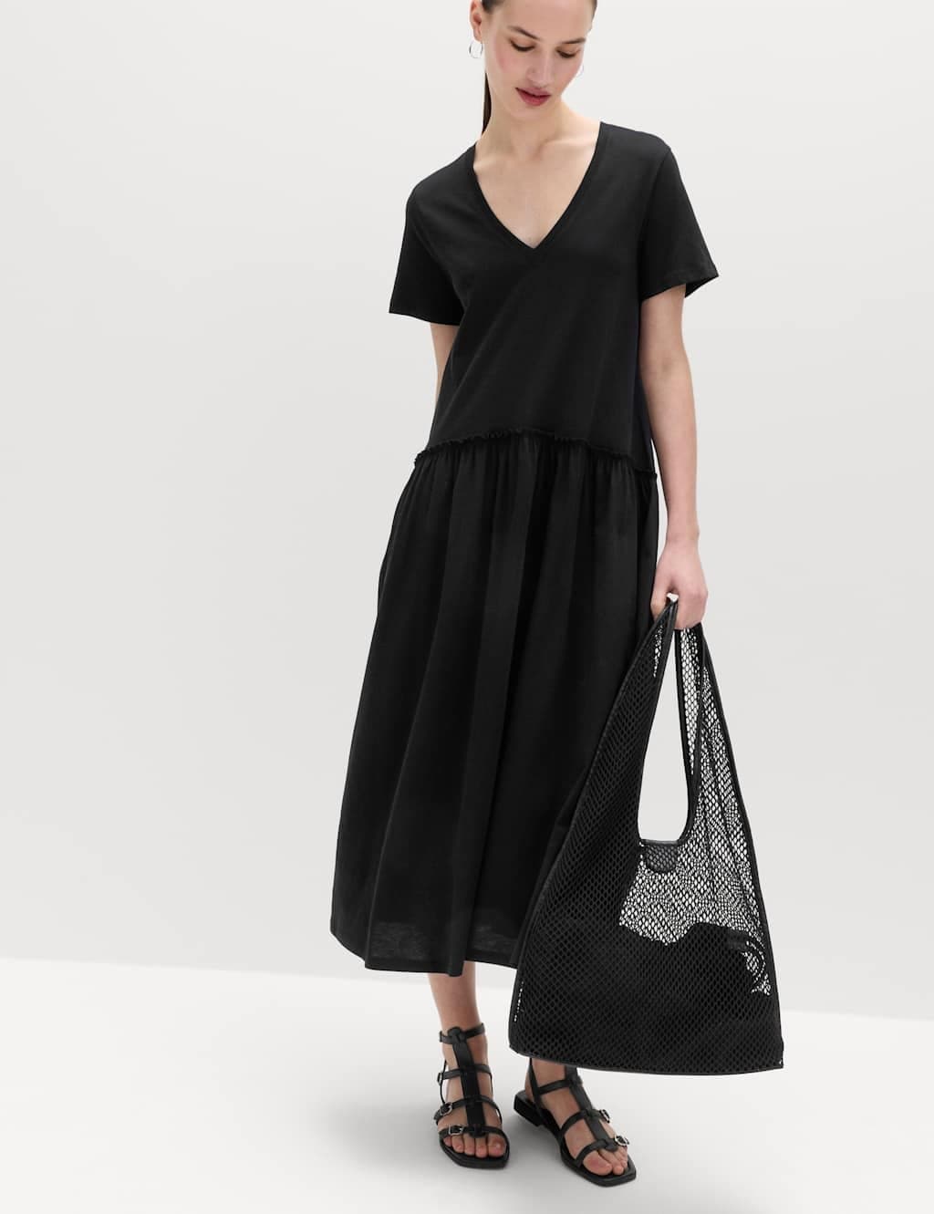 Marks & Spencer M&S Jersey V-Neck Midi Drop Waist Dress Black