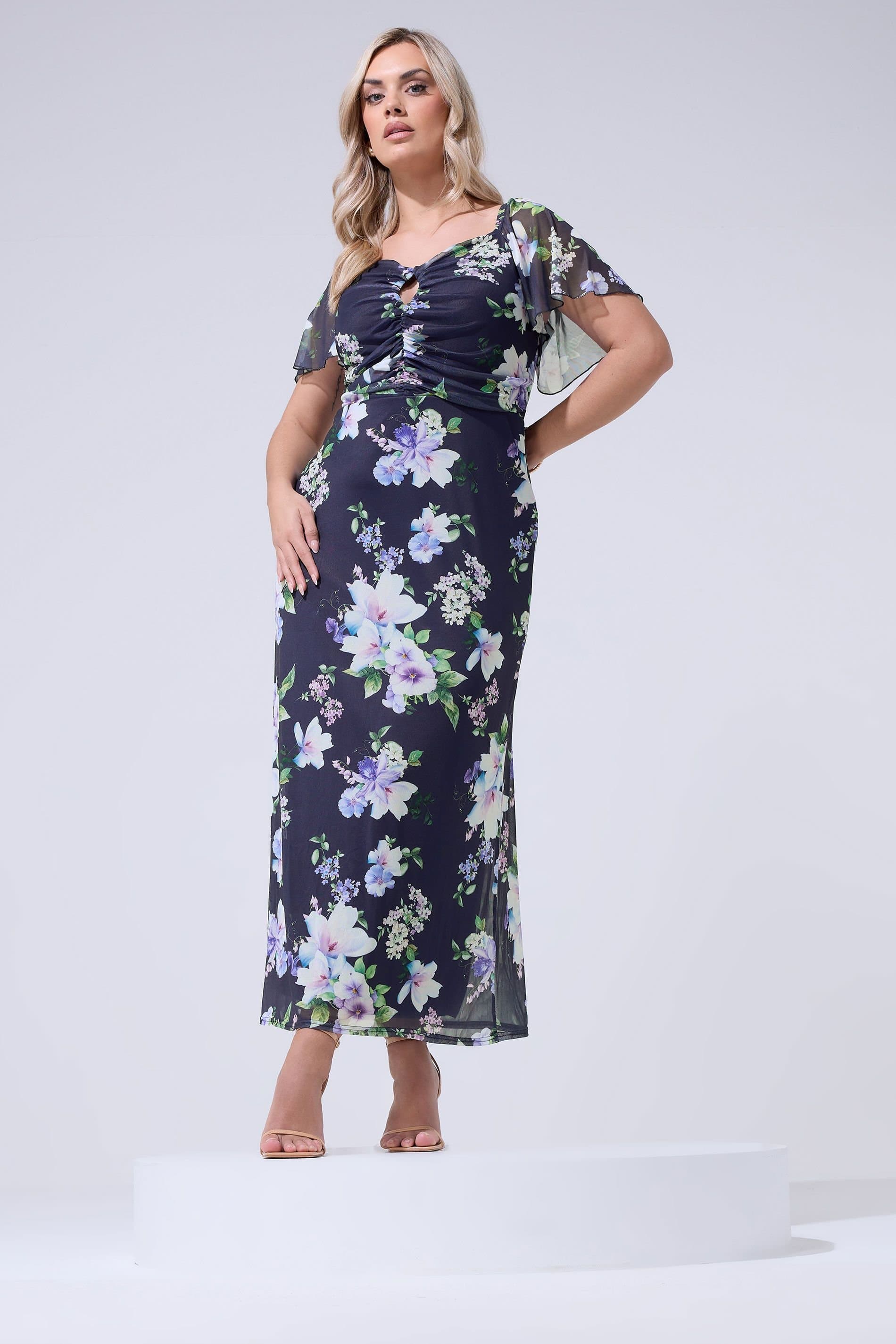 Yours Yours Women's Floral Keyhole Detail Maxi Dress in Dark Navy