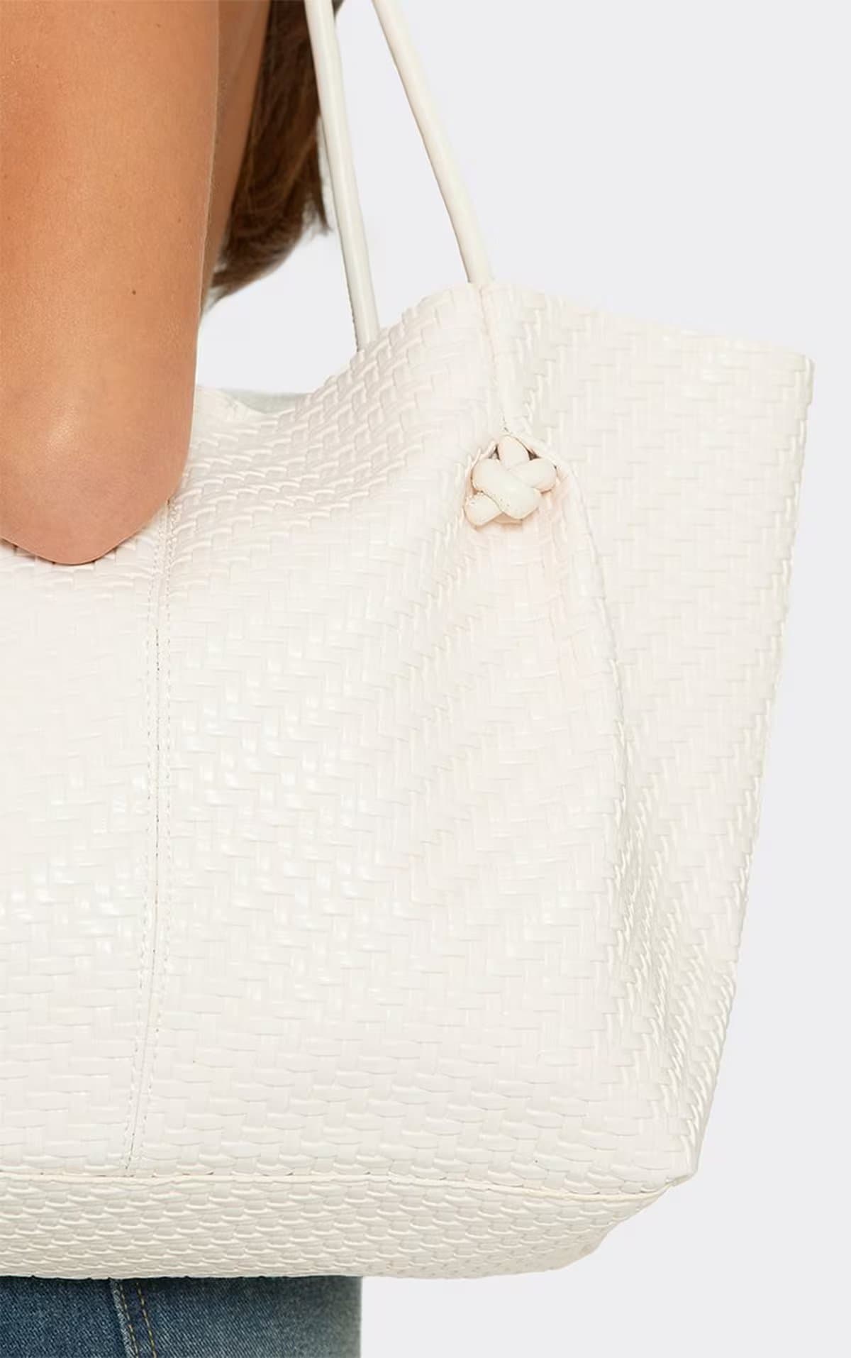 EGO Aven Woven Detail Shaped Tote Bag In Cream Faux Leather, Women's Size UK 0