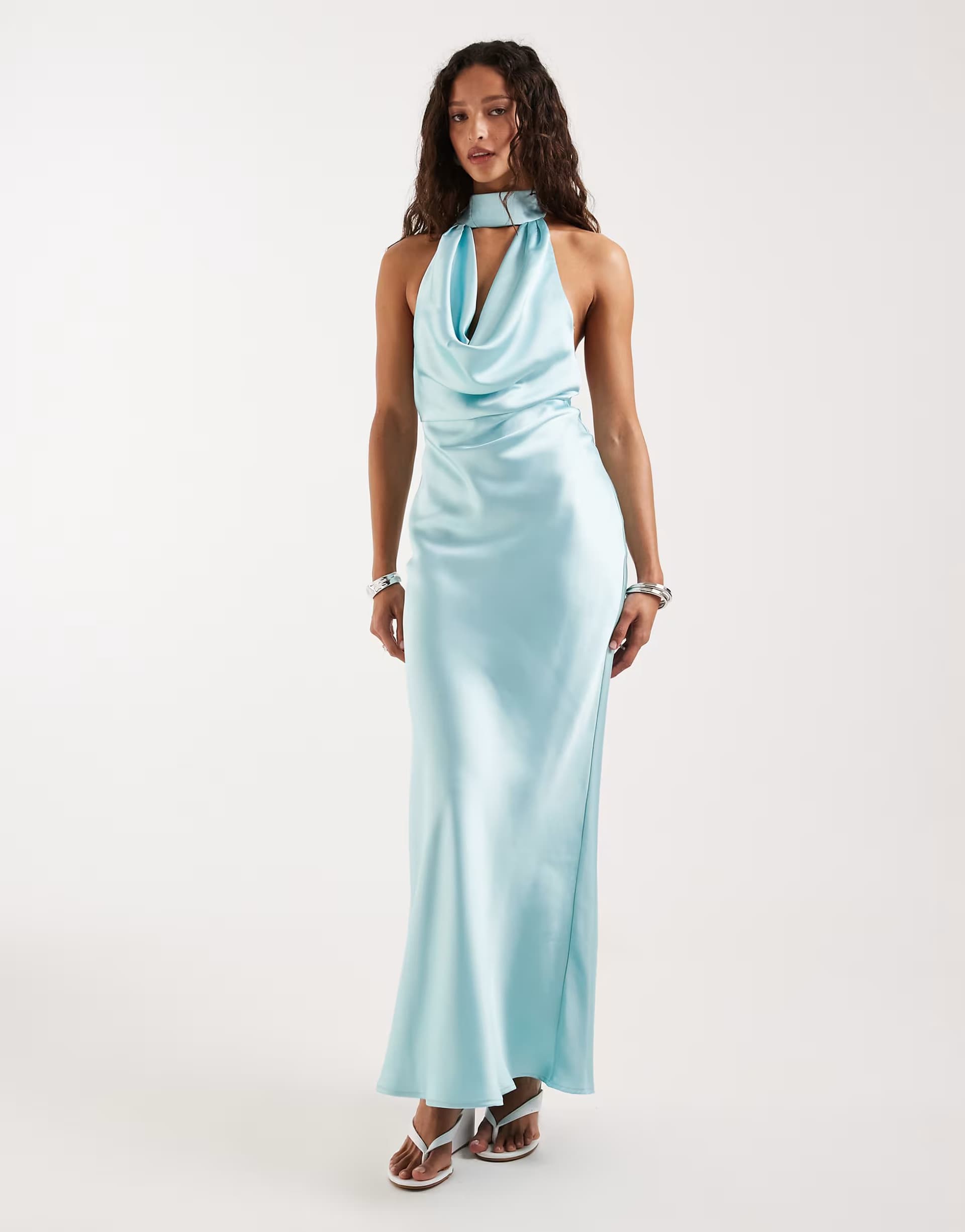 ASOS Pretty Lavish satin choker neck cowl detail low back maxi dress in soft aqua