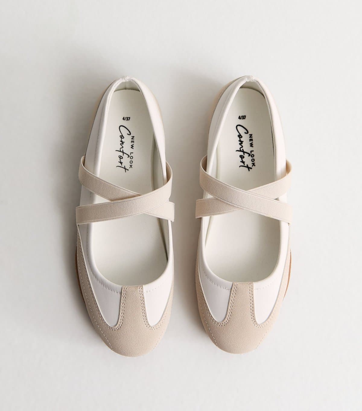 New Look Women's Off White and Oatmeal Faux Leather Sports Ballet Flats Vegan New Look