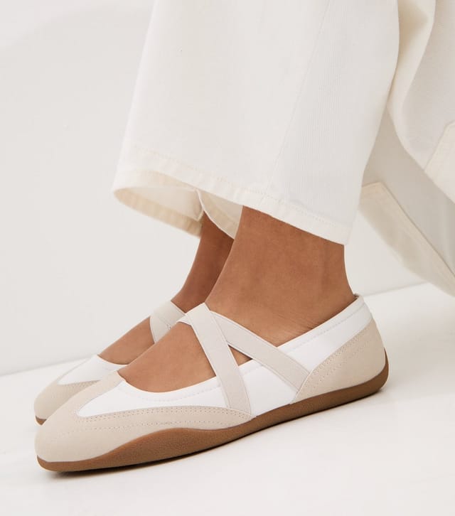 New Look Women's Off White and Oatmeal Faux Leather Sports Ballet Flats Vegan New Look - 2