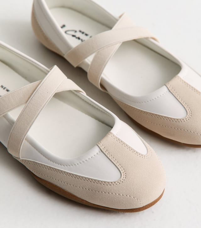 New Look Women's Off White and Oatmeal Faux Leather Sports Ballet Flats Vegan New Look - 3