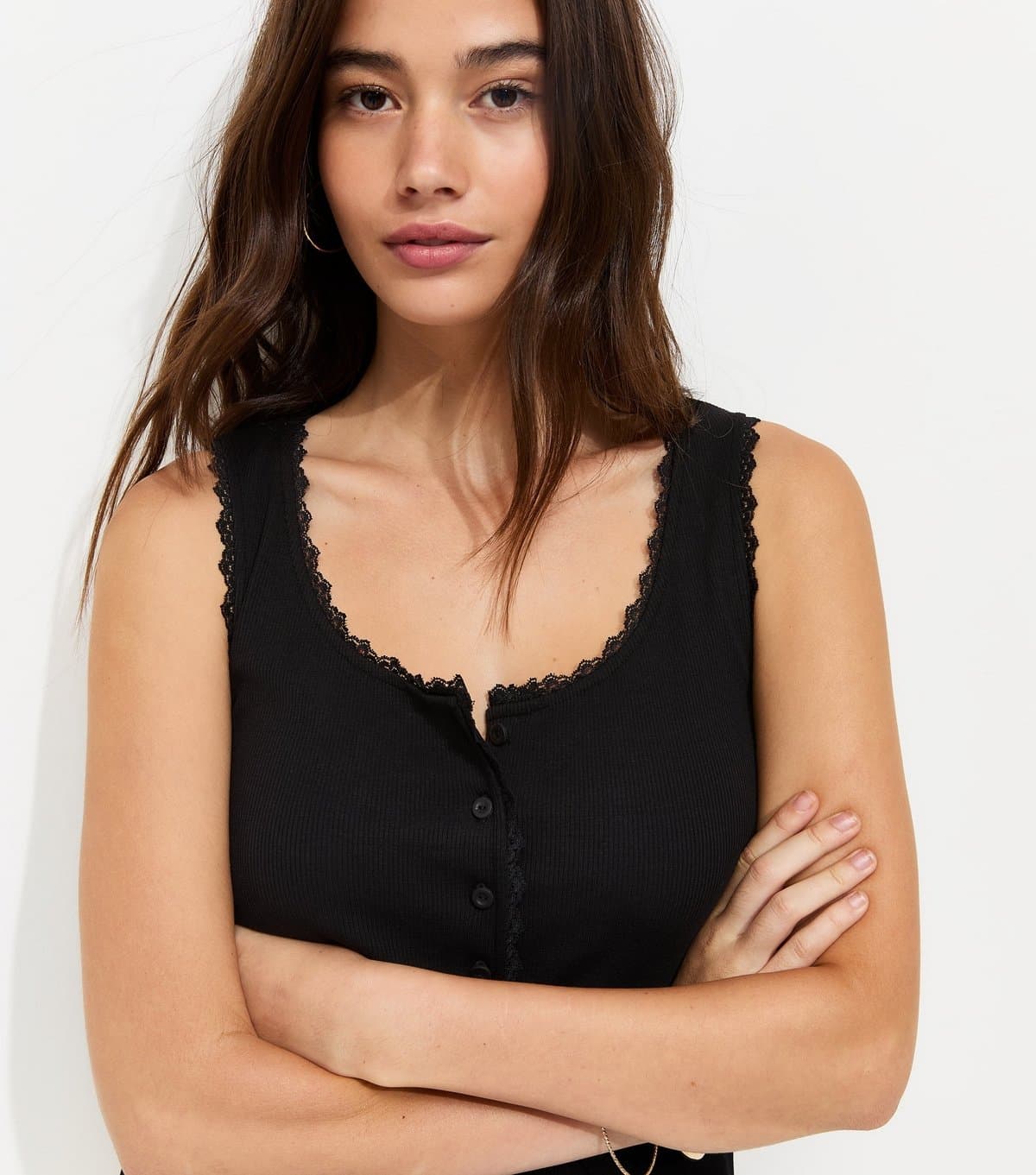 New Look Women's Black Cotton Rich Lace Trim Button Through Vest New Look