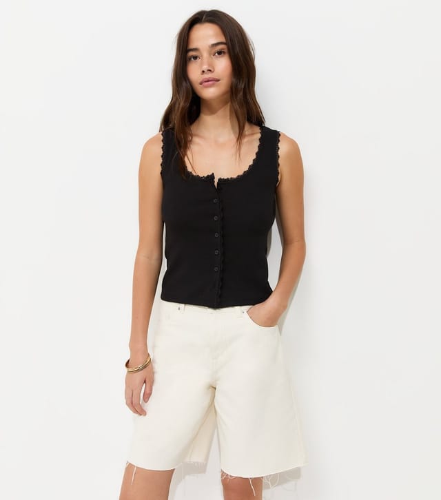 New Look Women's Black Cotton Rich Lace Trim Button Through Vest New Look - 2