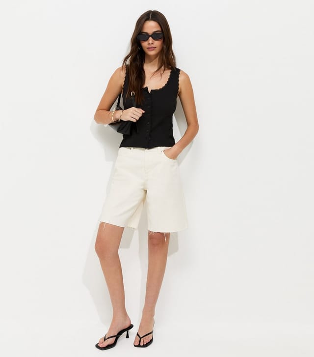 New Look Women's Black Cotton Rich Lace Trim Button Through Vest New Look - 3