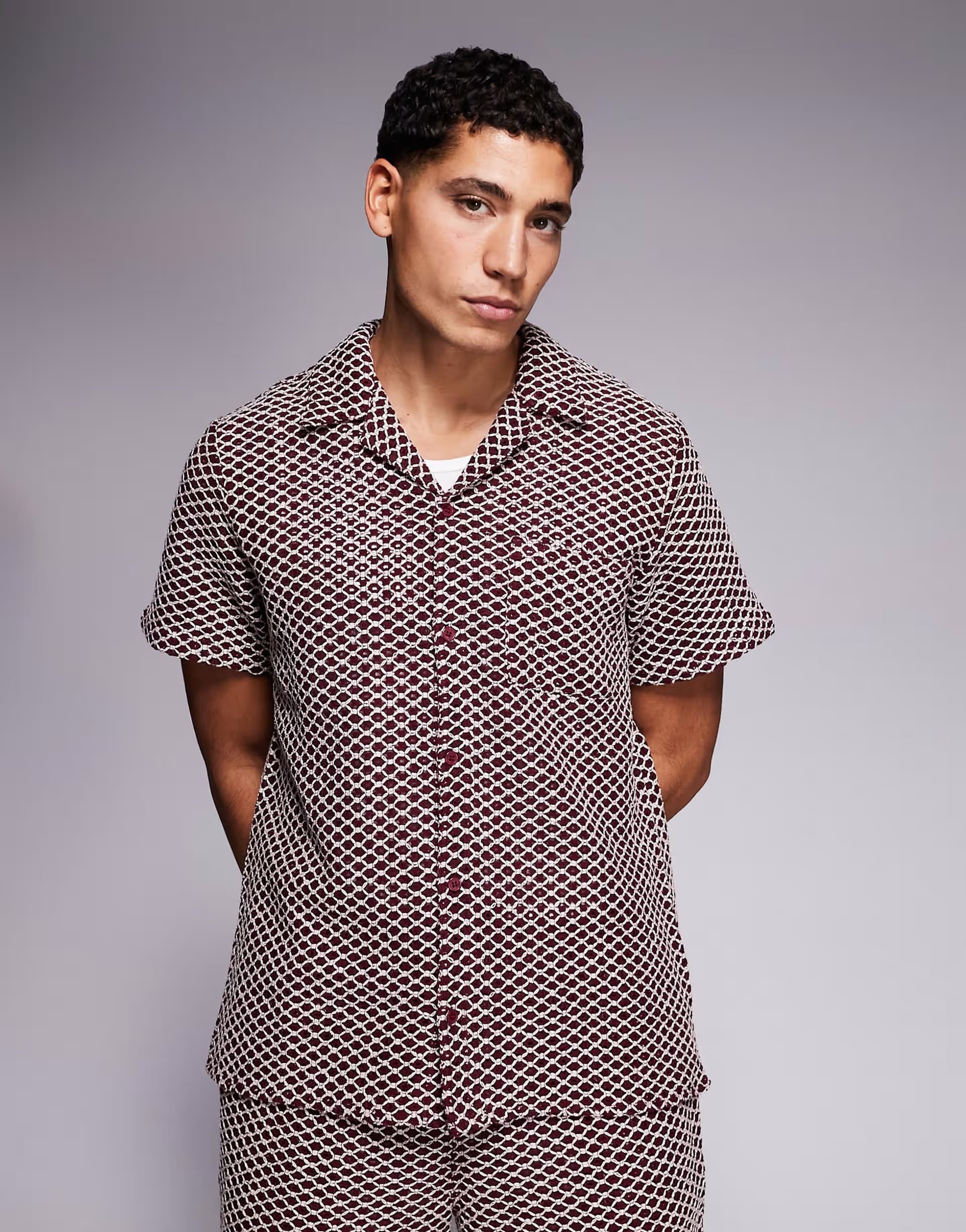 ASOS South Beach crochet shirt in burgundy